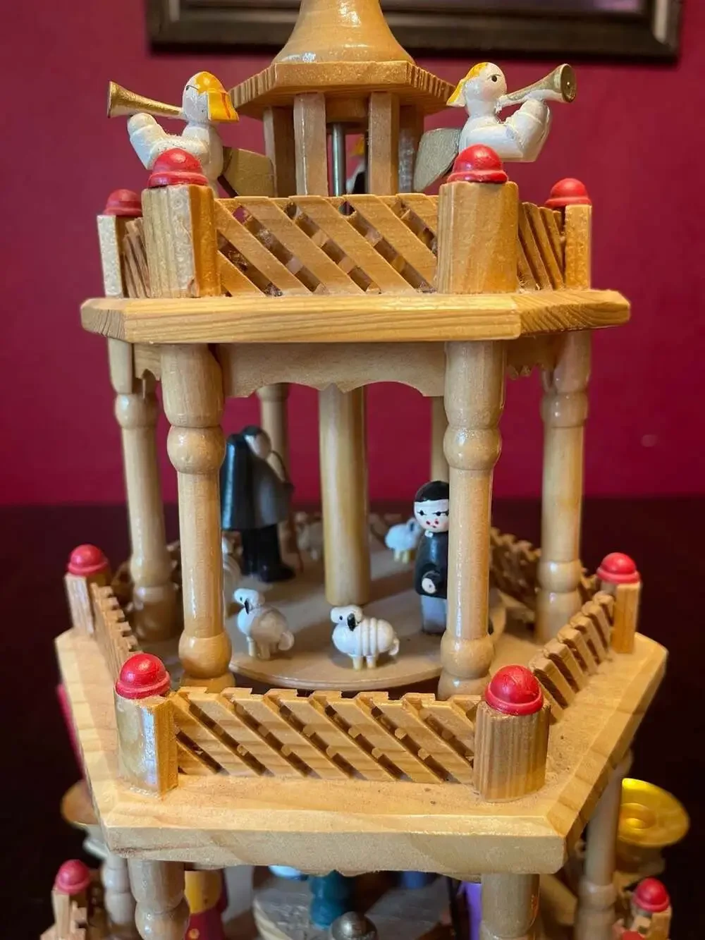 Vintage Lillie Vernon Three-Tier Wooden Christmas Pyramid Nativity Carousel
